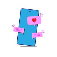 A simple, colorful illustration of a smartphone with a heart icon and speech bubbles, representing social media notifications or messaging apps. vector