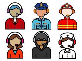 Set of flat icons representing various emergency and service call center operators, including firefighter, police, nurse, and customer support roles vector