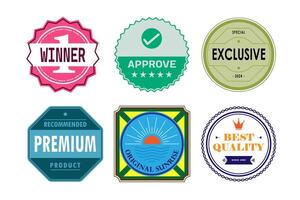 illustration of stylish badges with unique designs for labels, awards, and certifications. Ideal for branding, marketing, and recognition themes. vector