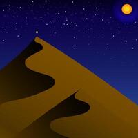 Minimalistic desert nightscape featuring a sand dune under a star-filled sky with a glowing moon. Ideal for backgrounds, digital illustrations, and nature-inspired designs with a serene atmosphere vector