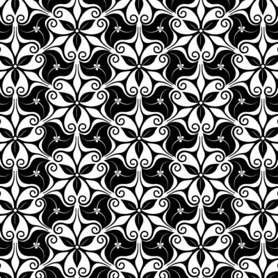 An elegant black and white seamless pattern featuring intricate floral and swirling leaf motifs, perfect for backgrounds, textiles, or decorative designs.
