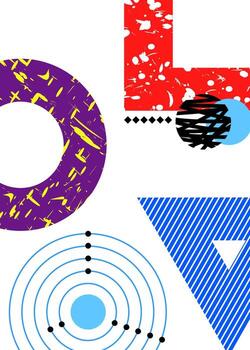 Vibrant abstract geometric composition featuring circles, triangles, and textured shapes with a modern and colorful design vector