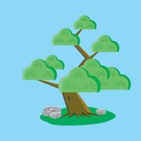Minimalist bonsai tree illustration in a flat style, featuring green foliage and a textured trunk on a grassy base with rocks. Perfect for nature, gardening, and zen-themed concepts. vector