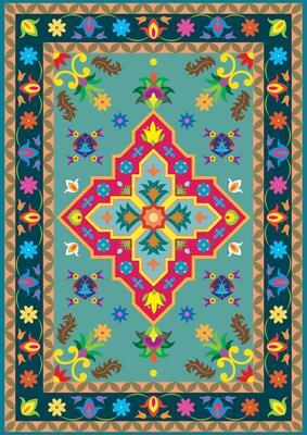 Intricate geometric floral design resembling a carpet or fabric texture, featuring vibrant colors, decorative patterns, and symmetrical motifs in a seamless layout.