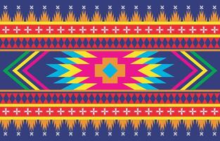 A vibrant and intricate ethnic pattern in a Southwestern or tribal style, featuring bold geometric shapes and a rich palette of blue, orange, pink, and yellow. vector