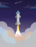 Futuristic starship rocket launching into the night sky surrounded by clouds and shooting stars. Ideal for space exploration themes, technology illustrations, and sci-fi concepts. vector