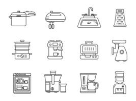 A collection of line art icons representing various kitchen appliances, including a coffee maker, toaster, juicer, and dishwasher in a minimal style vector