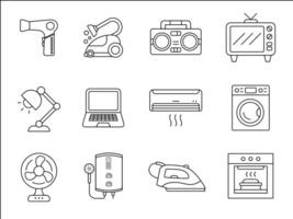 A set of line art icons depicting various home appliances, including a washing machine, laptop, oven, air conditioner, and fan in a minimalist style vector