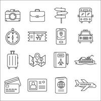 A set of travel and transportation line icons, including a suitcase, passport, airplane, map, taxi, and more. Ideal for tourism, navigation, and transportation designs vector