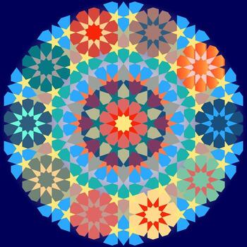 A vibrant and intricate circular design inspired by Islamic geometric patterns and mandalas, featuring a mosaic of colorful stars and polygons. vector