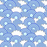 Seamless pattern with traditional Japanese wave motifs, concentric circles, and cloud-like shapes in blue and white tones vector