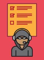 Flat illustration of a masked hacker icon with a checklist. Ideal for cybersecurity, crime, fraud, or data protection themes. vector