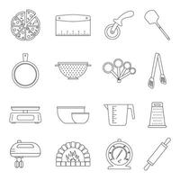 A set of minimal line icons featuring pizza tools and kitchen utensils, perfect for recipes, food blogs, apps, and restaurant branding vector