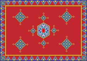 A vibrant, ornate pattern reminiscent of a traditional rug or tapestry, with a rich red background and intricate geometric motifs in blue, yellow, and purple. vector