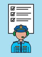Illustration of a police officer wearing a headset, providing emergency assistance, with a checklist in the background, symbolizing law enforcement support services vector