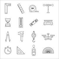 A set of 16 precise measurement tool line icons, including rulers, scales, thermometers, and timers. Perfect for engineering, science, and construction designs vector
