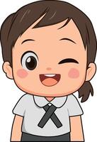Playful cartoon girl winking mischievously, great for playful interactions, secrets, or a friendly gesture. Adds a fun, flirty touch. vector