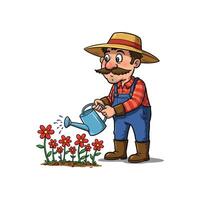 un dibujos animados jardinero hombre clipart riego rojo flores vector