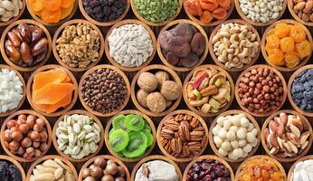 different kinds dried fruits and nuts background. colorful food, healthy snacks. photo