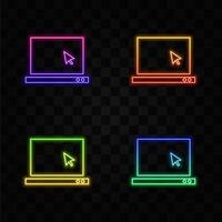 Internet icon, neon style. Laptop pc computer with arrow cursor on display symbol vector