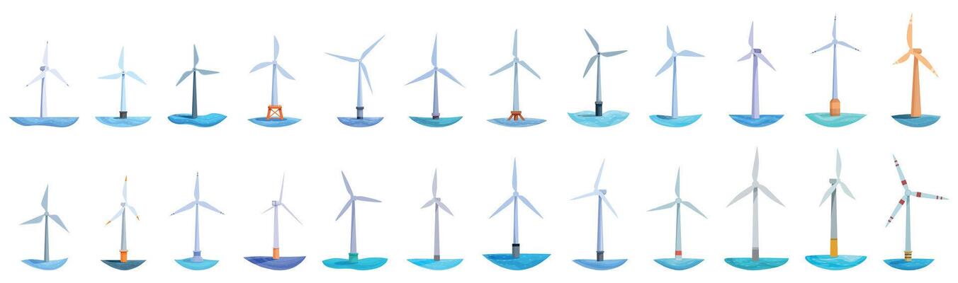Wind farms ocean icons set. Offshore wind turbines generating renewable energy in the ocean