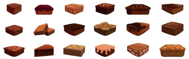 Brownie icons set. Delicious brownies showing variety of toppings and textures vector