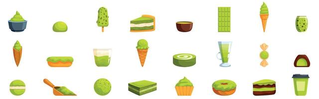 Matcha flavored dessert icons set. Matcha desserts showing variety of japanese green tea products vector