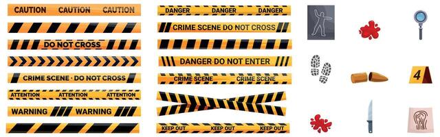 Crime scene tape icons set. Crime scene investigation kit with barrier tapes, evidence markers, and forensic tools vector