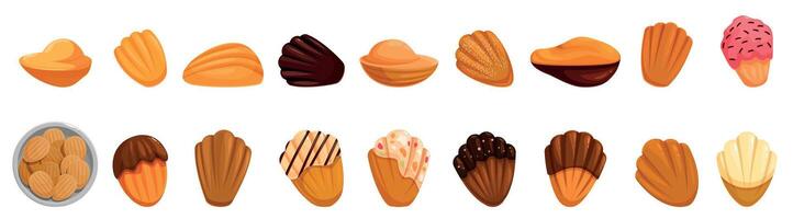 Madeleines icons set. Delicious madeleine cookies showing variety of flavors and toppings vector