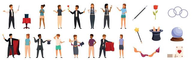 Kids magic tricks icons set. Magicians performing tricks and holding magic props vector