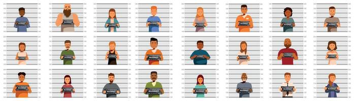 Criminal line up icons set. Diverse group of people posing for mugshots in front of lineup background vector