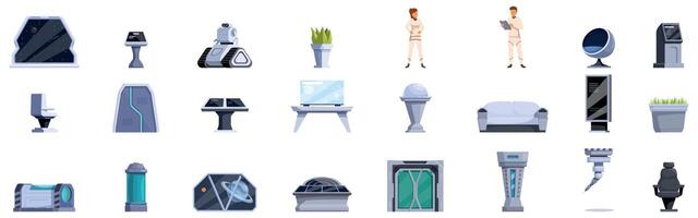 Space station interior icons set. Spaceship interior furniture and equipment providing comfort and functionality for astronauts vector
