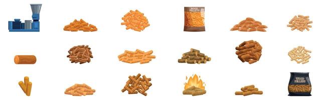Wood pellets icons set. Wood pellets production process showing different stages from raw material to final product vector