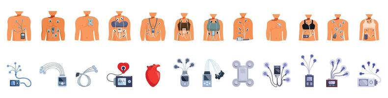 Holter monitor icons set. Patients wearing holter monitor and different types of cardiac event recorder devices vector