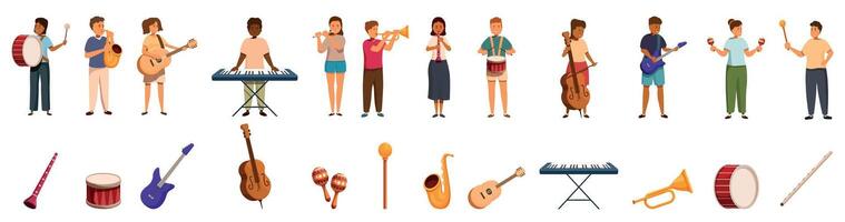 School band icons set. Musicians playing musical instruments and diverse instruments collection vector