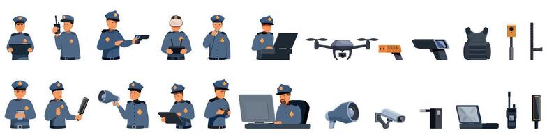Police officer technology icons set. Police officer using technology and equipment for maintaining order and security vector