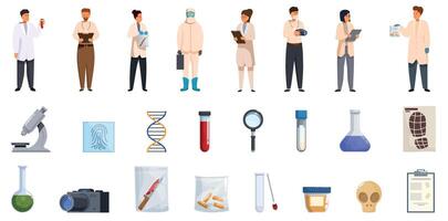 Forensic analysis icons set. Forensic science team investigating crime scene with specialized equipment vector