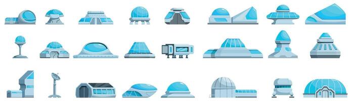 Building moon base icons set. Futuristic buildings showing modern space stations and alien constructions vector
