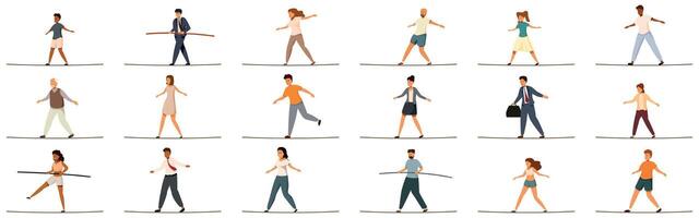 Walk rope balance icons set. People balancing on tightrope, maintaining equilibrium and overcoming challenges vector