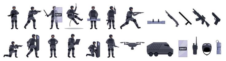 SWAT team icons set. Swat team police officers using tactical equipment during operation vector