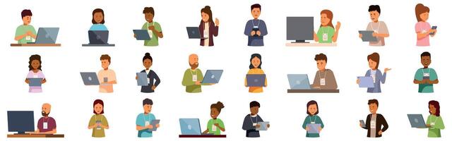 Remote volunteering icons set. Diverse people using laptops, tablets, and smartphones at a conference vector