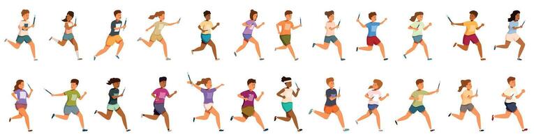 Kids relay races icons set. Athletes running with relay baton in a competition, teamwork and collaboration in relay race vector