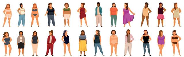 Plus size models icons set. Plus size women posing and showing body positivity vector