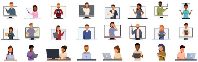 Online language tutor icons set. Teachers and students attending online class using computer and mobile devices vector