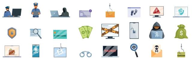 Cybercrime investigation icons set. Cyber security, online fraud, and cyber crime prevention icons depicting various aspects of digital threats vector