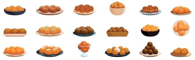 Greek loukoumades icons set. Loukoumades icons set showing greek honey balls on plates and bowls vector