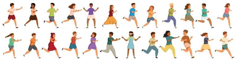 Kids playing tag icons set. Diverse group of people running and playing blind man s bluff vector