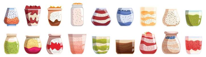 Chia seed pudding icons set. Chia seed pudding in different glass and jar containers with toppings vector
