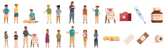Children learning first aid icons set. Kids learning first aid procedures with instructor and medical equipment vector