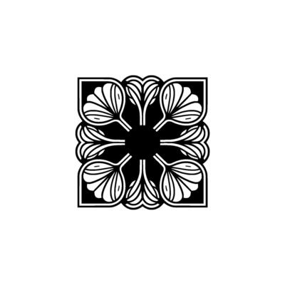 Geometric Floral Ornament, Square Pattern, Black White